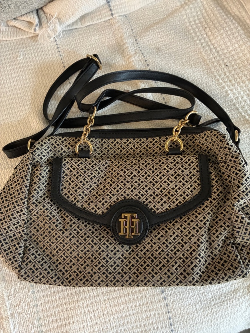 Tommy Hilfiger Monogram Pattern Black and Beige Women's Shoulder Bag